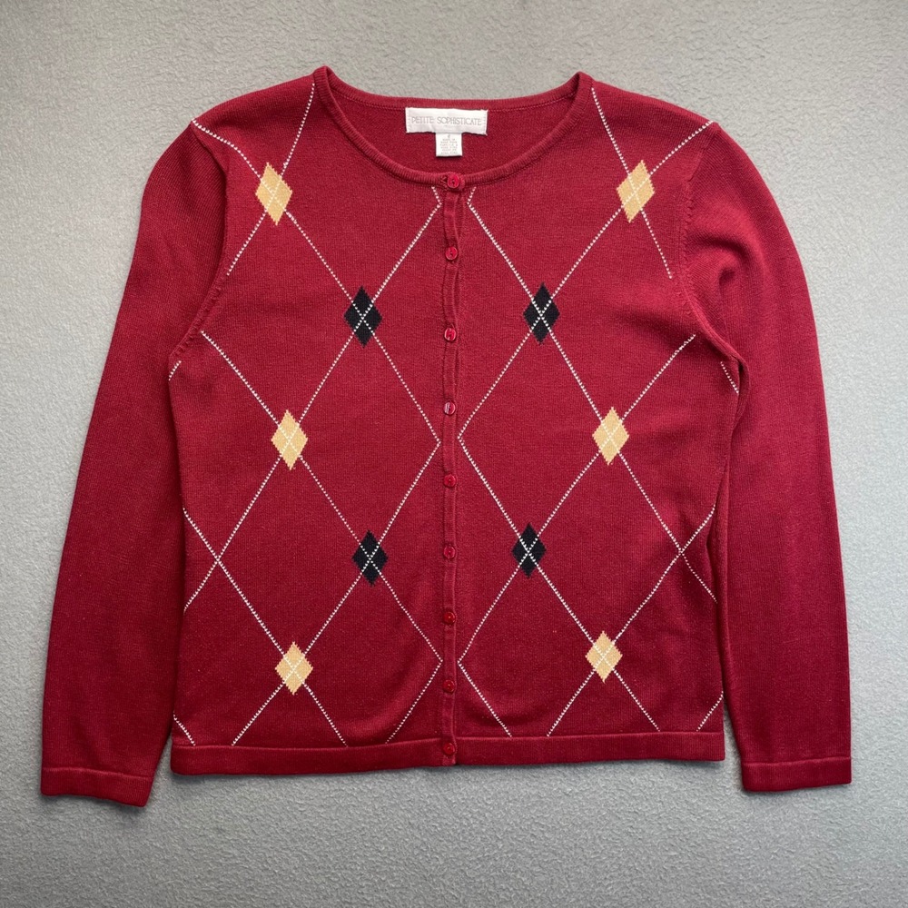 Petite Sophisticate Women Cardigan Burgundy Argyle Cotton Blend Small Preppy